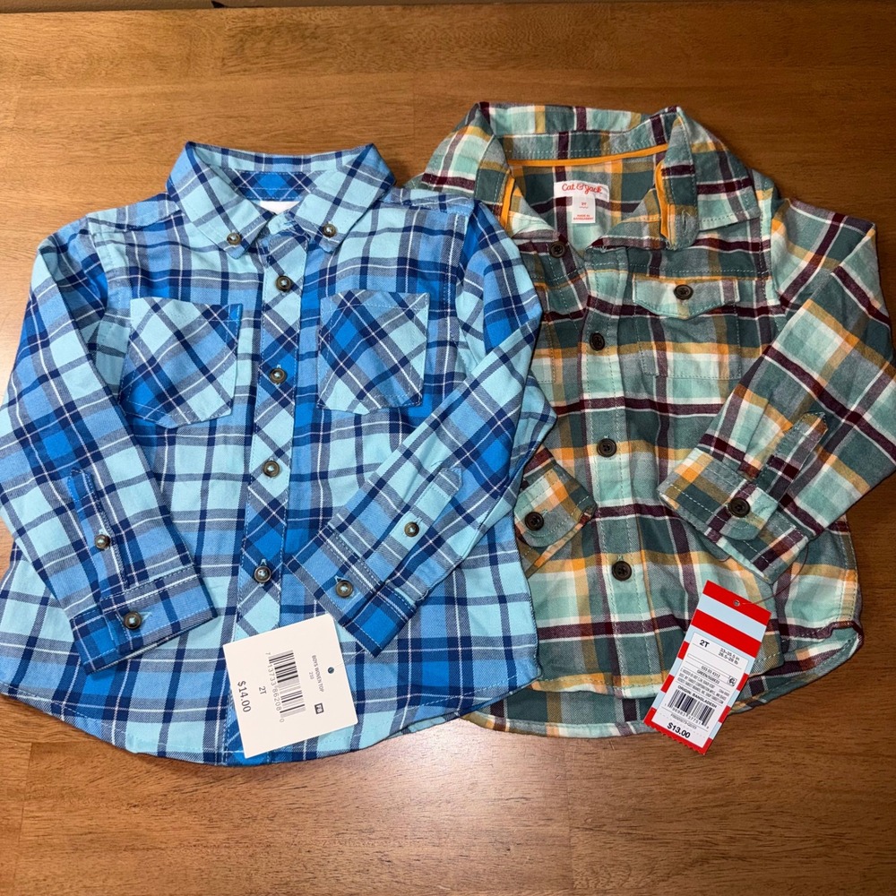 Lot of 2 New Cat & Jack Falls Creek Kids Toddler Boys Plaid Flannel Shirts 2T